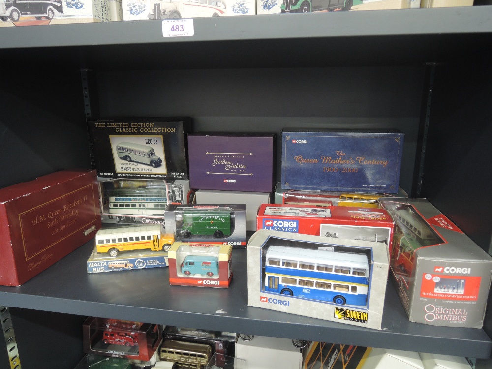 Twelve Corgi (china) diecasts, buses & advertising trucks and a GB Models diecsat Bedford coach