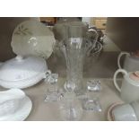 A selection of cut glass and other glass wares including candle sticks bowl vase etc