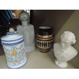 A selection of ceramics including marble style bust, Priddoes studio pottery, Grazia Deruta lidded