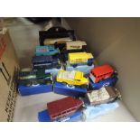 A selection of vintage style die cast model cars, wagons delivery vans some Corgi etc