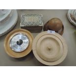 A selection of treen wood items including ornate bone and mother of pearl inlay trinket box