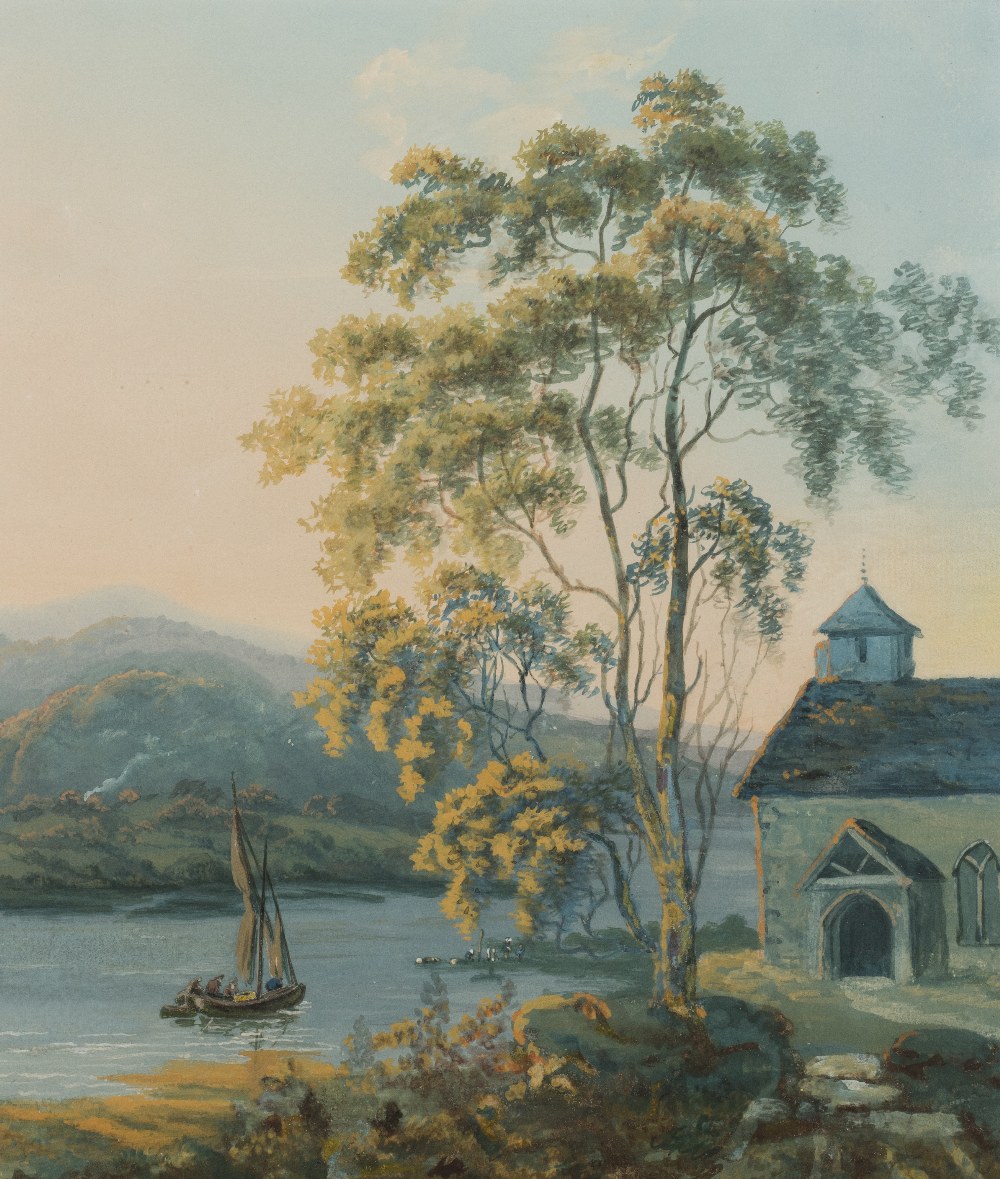 John Laporte (1761-1839) Lakeside scene with approaching boat watercolour and gouache 41 cm by 35