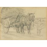 SOLOMON J. SOLOMON, R.A. (1860-1927) A YOUNG GIRL BY A HORSE AND CART pencil 12cm by 17cm; 4 3/4in