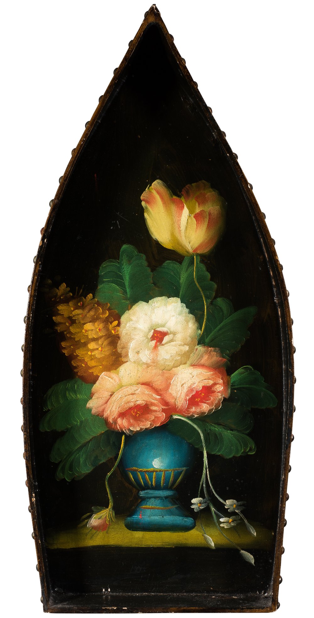 FLORAL PAINTED BOAT-SHAPED TRAY oil on panel 64 cm by 29 cm; 25 in by 11 ½ in