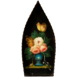 FLORAL PAINTED BOAT-SHAPED TRAY oil on panel 64 cm by 29 cm; 25 in by 11 ½ in