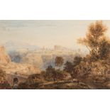 ATTRIBUTED TO WILLIAM CROUCH (1817-1850) CAPRICCIO LANDSCAPE watercolour 7cm by 11.5cm; 3in by 4 1/2