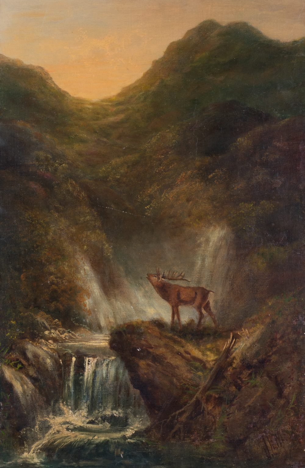 J. LEWIS (19TH CENTURY) STAG BY FALLS IN MOUNTAINOUS LANDSCAPE signed l.r. J. Lewis oil on board