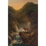 J. LEWIS (19TH CENTURY) STAG BY FALLS IN MOUNTAINOUS LANDSCAPE signed l.r. J. Lewis oil on board