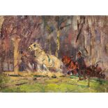 Arthur Spooner (1873-1962) horses pulling a cart up a hill oil on canvas 26.5cm by 37 cm; 10 ¼ in by