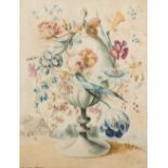 J. VAN ORNBLOOR (ACTIVE C. 1750) FLOWERS IN AN ORNAMENTAL URN IN A LANDSCAPE watercolour signed