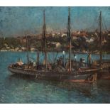Alfred Priest, R.P. (1874-1929) Boats moored in a continental harbour signed and dated
