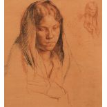 •Bernard Tozer Pike (1908-1996) Study of a woman in a shawl red, black, and white chalk 26 cm by