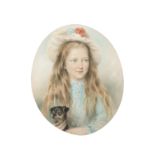 *ENGLISH SCHOOL (19th CENTURY) PORTRAIT OF A GIRL WITH HER DOG pastel, oval together with "Landscape