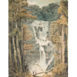 *FOLLOWER OF HUGH WILLIAM WILLIAMS (1773-1829) SURVEYING THE FALLS watercolour 46 cm by 36 cm; 18 in