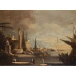 *FOLLOWER OF FRANCESCO GUARDI (1712-1793) CAPRICCIO SCENE OF the VENETIAN LAGOON oil on canvas 52 cm