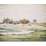 •LAURENCE STEPHEN LOWRY, R.A. R.B.A. (1887-1976) LANDSCAPE WITH FARM BUILDINGS signed in pencil l.