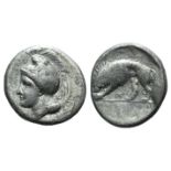 Northern Lucania, Velia, c. 334-300 BC. AR Didrachm (22mm, 7.12g, 2h). Helmeted head of Athena l.;