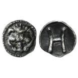 Bruttium, Rhegion, c. 415-387 BC. AR Hemilitron (6mm, 0.23g, 1h). Facing lion's head. R/ Large H.