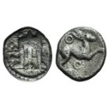 Bruttium, Kroton, c. 525-425 BC. AR Diobol (9mm, 0.85g, 6h). Tripod; ethnic to l. R/ Hare leaping