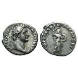 Domitian (81-96). AR Denarius (18mm, 3.30g, 6h). Rome, 88-9. Laureate head r. R/ Minerva advancing