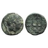 Northern Lucania, Poseidonia, c. 420-390 BC. Æ (12mm, 1.51g, 6h). Helmeted head of Athena r. R/
