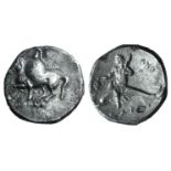 Southern Apulia, Tarentum, c. 280-272 BC. AR Nomos (20mm, 6.22g, 3h). Horseman l., holding shield