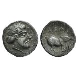 Sicily, Abakainon, c. 420-400 BC. AR Litra (10mm, 0.65g, 3h). Laureate male head r. R/ Boar standing