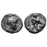 Southern Apulia, Tarentum, c. 380-325 BC. AR Diobol (10mm, 1.06g, 6h). Helmeted head of Athena r.,