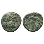 Southern Apulia, Sidion, c. 300-275 BC. Æ (14mm, 1.83g, 9h). Laureate head of Zeus r. R/ Herakles