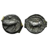 Sicily, Halykiai, c. 390-370 BC. Æ Tetras or Trionkion (17mm, 3.88g, 11h). Man-headed bull l.; three