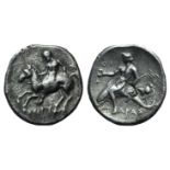 Southern Apulia, Tarentum, c. 280-272 BC. AR Nomos (21mm, 6.03g, 12h). Nude warrior on horseback l.,