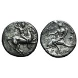 Southern Apulia, Tarentum, c. 280-272 BC. AR Nomos (19mm, 6.28g, 10h). Warrior on horseback r.,