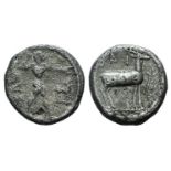 Bruttium, Kaulonia, c. 475-425 BC. AR Drachm (12mm, 2.23g, 9h). Apollo advancing r., holding branch;