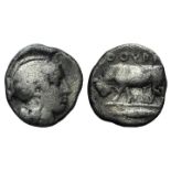 Southern Lucania, Thourioi, c. 443-400 BC. AR Triobol (11mm, 1.15g, 6h). Head of Athena r.,