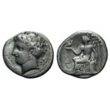 Bruttium, Terina, c. 300 BC. AR Drachm (16mm, 2.35g, 6h). Head of nymph l.; triskeles behind. R/