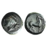 Sicily, Eryx, c. 330-260 BC. Æ Onkia(?) (14mm, 4.95g, 6h). Head of female l. R/ Horse prancing r.