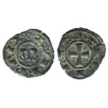 Italy, Sicily, Messina. Manfredi (1258-1266). BI Denaro (14mm, 0.60g, 9h). Large M. R/ Cross.