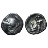 Southern Apulia, Tarentum, c. 280-228 BC. AR Diobol (10mm, 0.96g, 9h). Head of Athena l., wearing