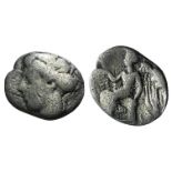 Bruttium, Terina, c. 420-400 BC. AR Triobol (11mm, 0.95g, 5h). Head of nymph l., hair bound in