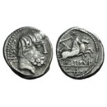 L. Titurius L.f. Sabinus, Rome, 89 BC. AR Denarius (17mm, 3.94g, 7h). Bare head of Titus Tatius r.