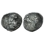 L. Titurius L.f. Sabinus, Rome, 89 BC. AR Denarius (19mm, 3.59g, 7h). Bareheaded and bearded head of