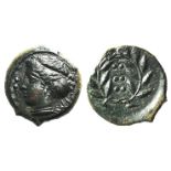 Sicily, Himera, c. 420-407 BC. Æ Hemilitron (15mm, 3.02g, 1h). Head of nymph l.; six pellets before.