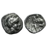 Southern Apulia, Tarentum, c. 380-325 BC. AR Diobol (12mm, 1.23g, 10h). Helmeted head of Athena