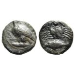 Sicily, Akragas, c. 409-406 BC. Æ Onkia (15mm, 3.51g, 11h). Eagle standing l. on fish, head r. R/