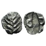 Southern Lucania, Metapontion, c. 470-440 BC. AR Obol (8mm, 0.41g, 12h). Barley-ear with four