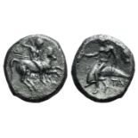 Southern Apulia, Tarentum, c. 272-240 BC. AR Nomos (17mm, 6.06g, 12h). Warrior, holding shield and