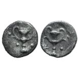 Southern Apulia, Tarentum, c. 280-228 BC. AR Obol (10mm, 0.63g, 10h). Kantharos; five pellets