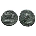 Sicily, Akragas, c. 409-406 BC. Æ Onkia (17mm, 3.38g, 5h). Eagle standing r. on fish, head l. R/