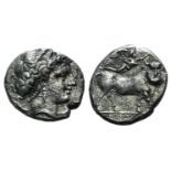 Campania, Neapolis, c. 300 BC. AR Didrachm (19mm, 7.00g, 6h). Head of nymph r., wearing taenia; four