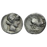 Q. Titius, Rome, 90 BC. AR Denarius (16mm, 3.95g, 7h). Head of young Bacchus r., wearing ivy wreath.